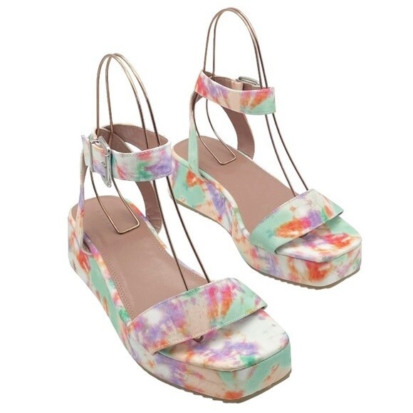 NWT ASOS Tatiana Flatform Ankle Wrap Sandals Bright Pastel Cloud Tie Dye Size 10 - Picture 2 of 16